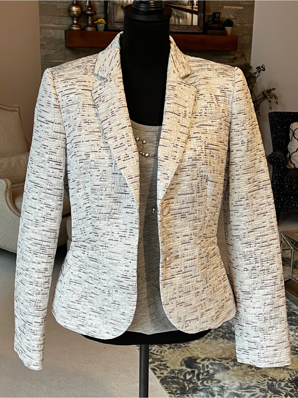 Calvin Klein White and Silver Tweed Blazer